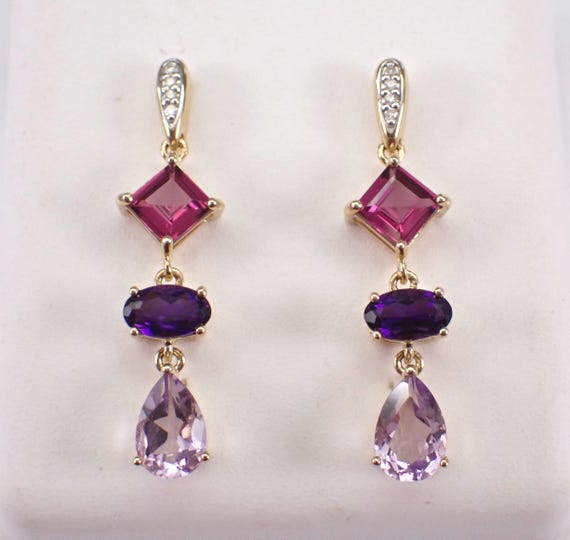 Yellow Gold Amethyst and Garnet Earrings, Teardrop Gemstone and Diamond Dangles, GalaxyGems Birthstone Jewelry Gift