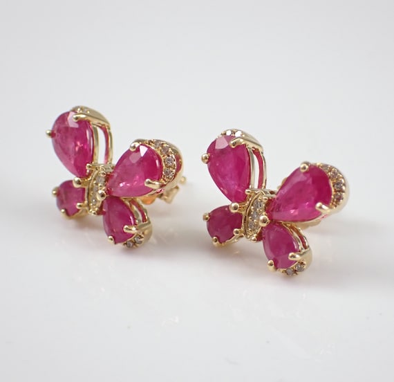 Ruby and Diamond Butterfly Earrings - 14 Karat Yellow Gold Studs - July Birthstone Gemstone Gift