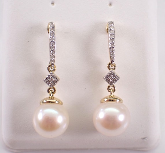 Pearl and Diamond Dangle Earrings - Yellow Gold Wedding Anniversary Gift - June Birthstone Gemstone Jewelry