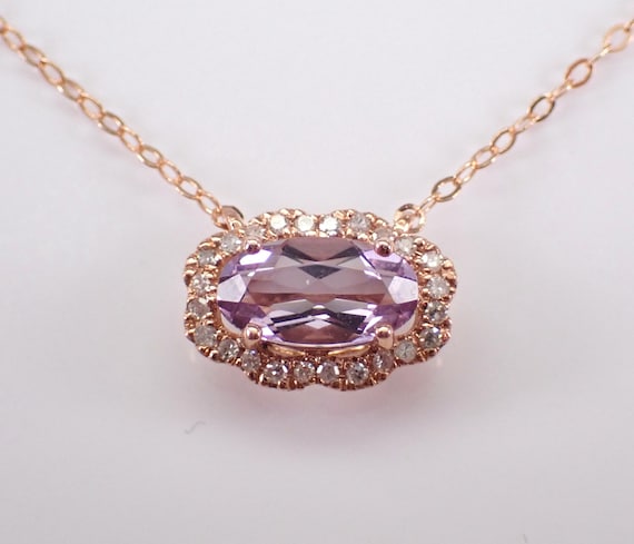 Rose Gold Diamond and Amethyst Necklace - Dainty Station Charm Pendant - Unique Floating Gemstone Choker Chain