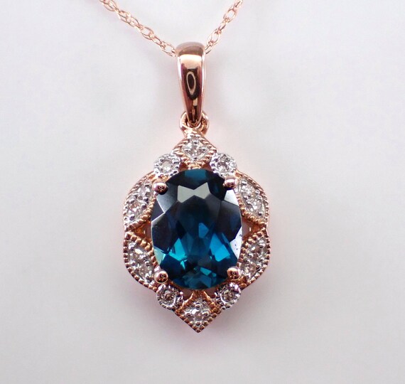 London Blue Topaz Pendant and Chain - Rose Gold Diamond Halo Charm Necklace - GalaxyGems Gemstone Fine Jewelry Gift