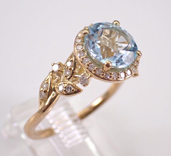 Yellow Gold Blue Topaz and Diamond Engagement Ring: Dainty Flower Bridal Halo Setting