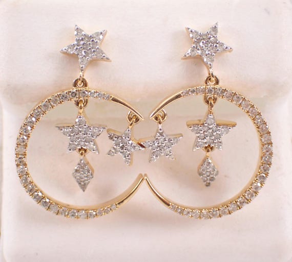 Yellow Gold Diamond Dangle Earrings: Star and Crescent Moon Celestial Drops
