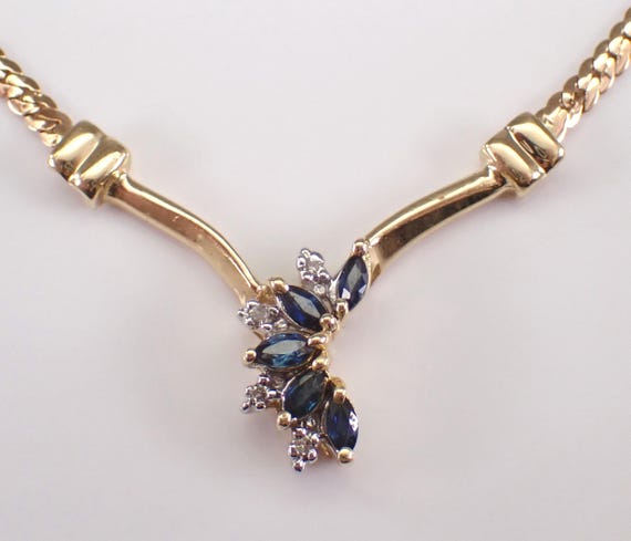 Vintage Sapphire and Diamond V Necklace - 14K Yellow Gold Station Pendant and Chain