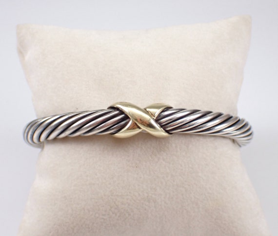 Vintage DAVID YURMAN Bangle Bracelet - Estate 14K Gold and Sterling Silver 7mm X Crossover Braided Design