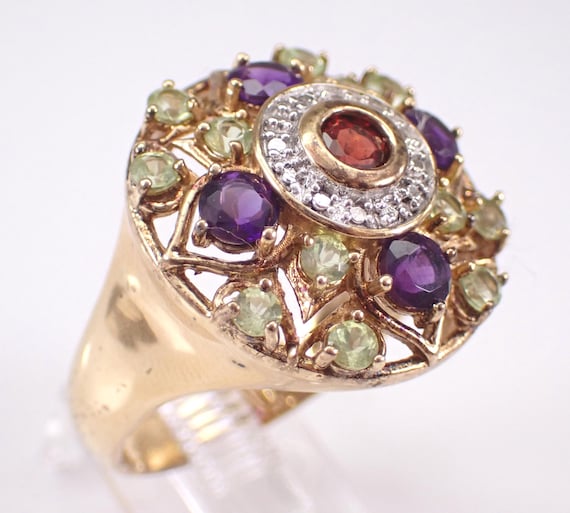 Amethyst Peridot and Garnet Cocktail Ring, Vintage Sterling Silver Gold Plated Gemstone Band