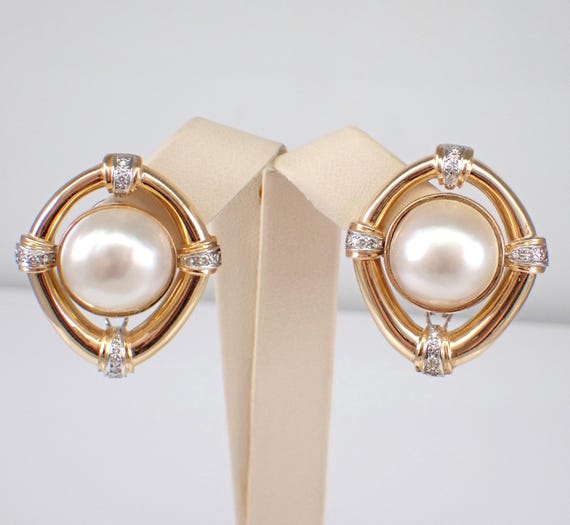 14K Yellow Gold Mabe Pearl and Diamond Earrings - 70s Estate Vintage Large Fine Jewelry Gift - June Birthstone Gemstone
