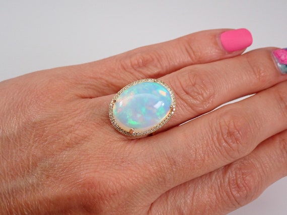 Genuine Opal Engagement Ring, Diamond Halo Setting, Solid 14k Yellow Gold Fine Jewelry, October Birthstone Gift