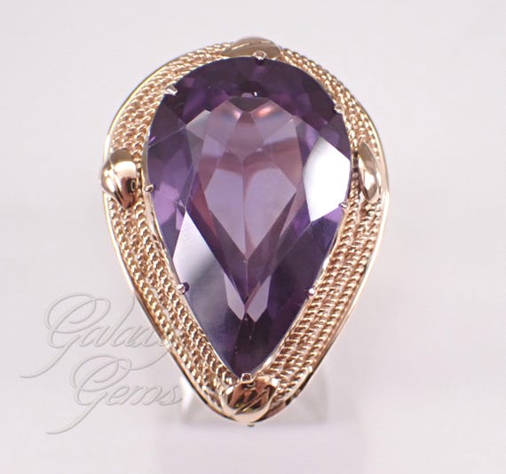 Vintage 14K Yellow Gold Amethyst Ring, Large Teardrop Gemstone Solitaire Engagement Promise