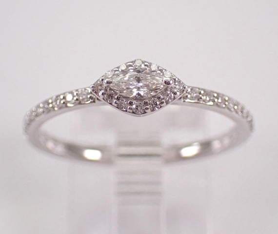 14K White Gold Diamond Engagement Ring - Dainty Halo Promise Stackable Band - GalaxyGems Bridal Fine Jewelry Gift