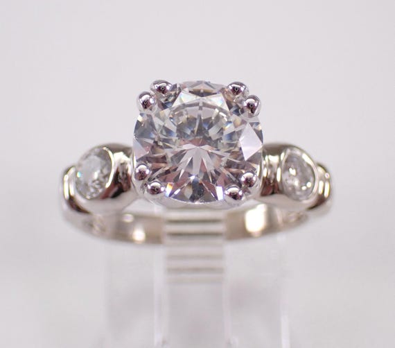 18K White Gold Engagement Ring - Cubic Zirconia and Diamond Setting - Estate Bridal Jewelry Gift