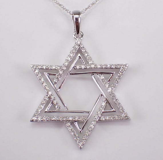 White Gold Diamond Star of David Charm Pendant - Jewish Judaica Necklace and Chain - Genuine Religious Fine Jewelry Gift
