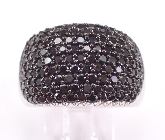 Sterling Silver Black Diamond Ring - Unique Wide Cluster Cigar Band - Vintage Fine Jewelry Gift