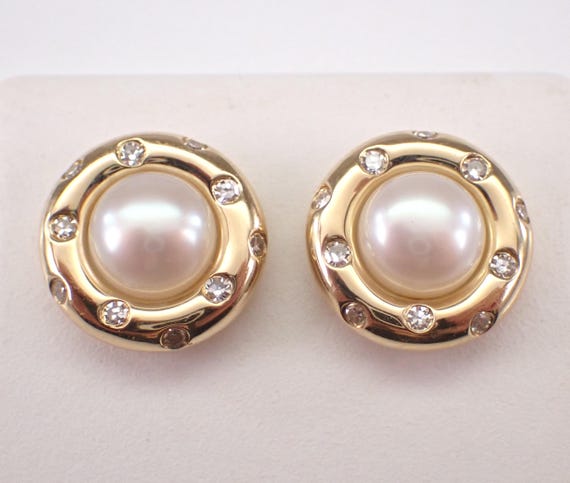 14K Yellow Gold Pearl Stud Earrings, Unique Diamond Halo Setting