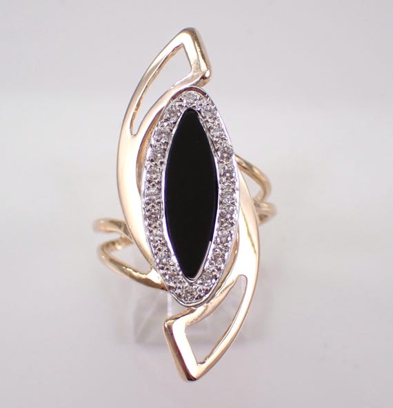 Vintage 14K Yellow Gold Onyx Ring, Unique Diamond Halo Band, Estate Large Fine Jewelry Gift
