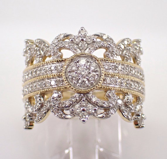 14K Yellow Gold Diamond Cocktail Ring - Wide Cluster Wedding Anniversary Band - GalaxyGems Bridal Fine Jewelry Gift