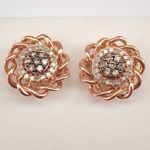 Brown Diamond Cluster Stud Earrings - Rose Gold Braided Halo Studs - Unique Fine Jewelry Wedding Gift