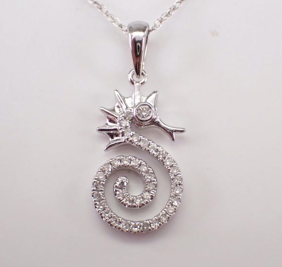 White Gold Diamond Seahorse Pendant - Little Sea Horse Charm Necklace - Unique Marine Life Jewelry Gift