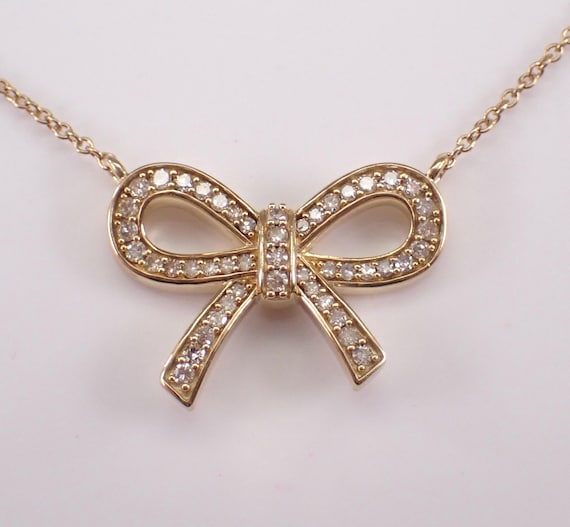 Yellow Gold Diamond Bow Tie Necklace: Dainty Ribbon Charm Pendant and Chain