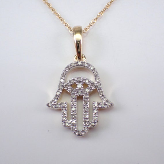 Diamond HAMSA Necklace - Yellow Gold Evil Eye Pendant and Chain - Hand of God Religious Charm - Good Luck Protection Jewelry