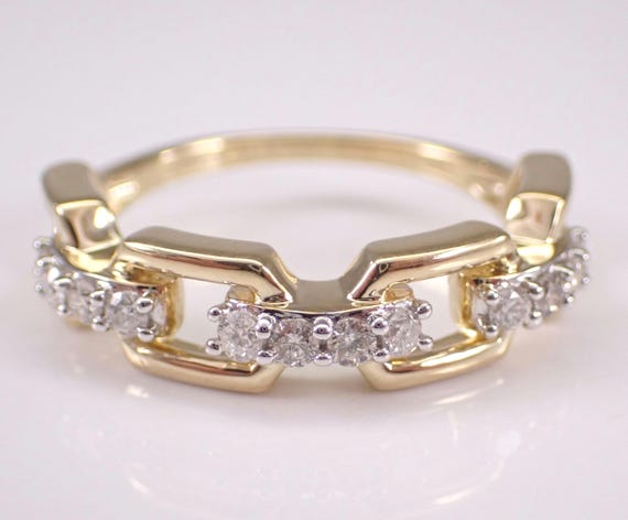 Yellow Gold Chainlink Diamond Ring - Unique Interlocked Anniversary Band - Stackable Bridal Jewelry Wedding Gift