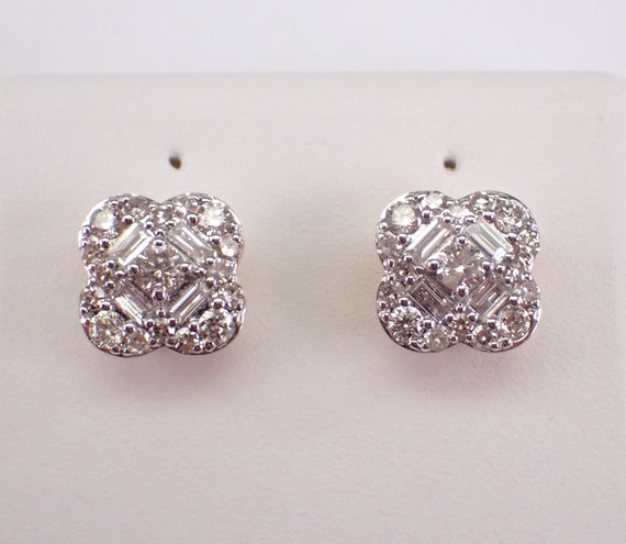 Yellow Gold Diamond Stud Earrings - Clover Shape Cluster Studs - Unique Dainty Good Luck Fine Jewelry Gift