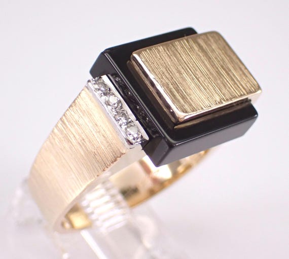 Vintage 14K Yellow Gold Onyx Ring - Antique Mens Diamond Pinky Band - Estate Fine Jewelry Gift