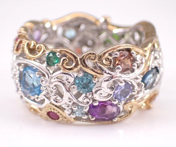 Vintage Sterling Silver Gemstone Eternity Ring - Multi Color Chunky Cigar Band - Two Tone Wedding Anniversary Jewelry