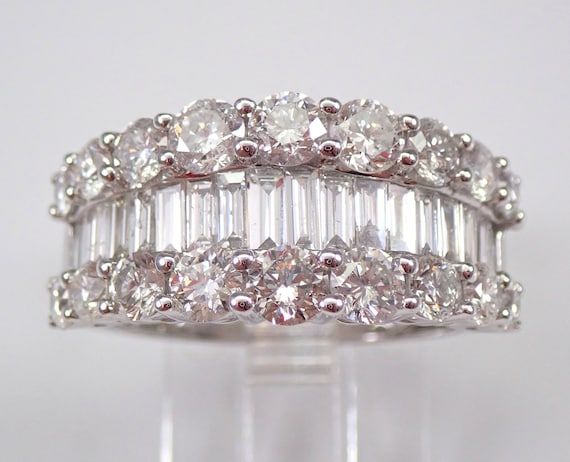 14K White Gold Baguette Diamond Wedding Ring - Large Multi Row Anniversary Band - Unique Bridal Fine Jewelry Gift