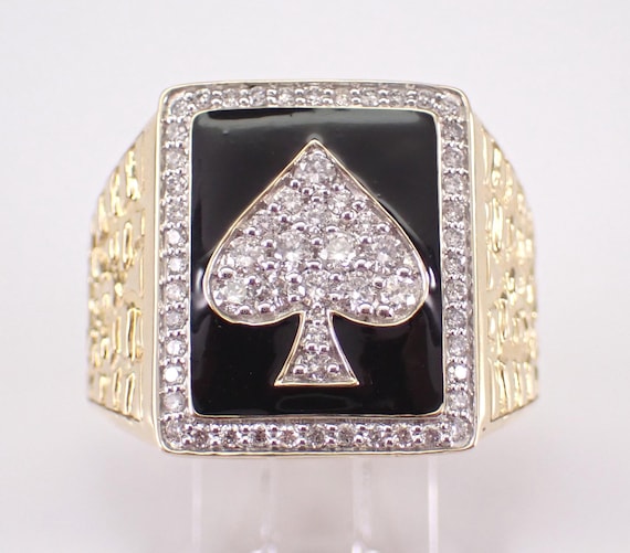 Mens Diamond and Black Enamel Ring - Yellow Gold Chunky Pinky Band - Poker Player Spade Card Jewelry Gift