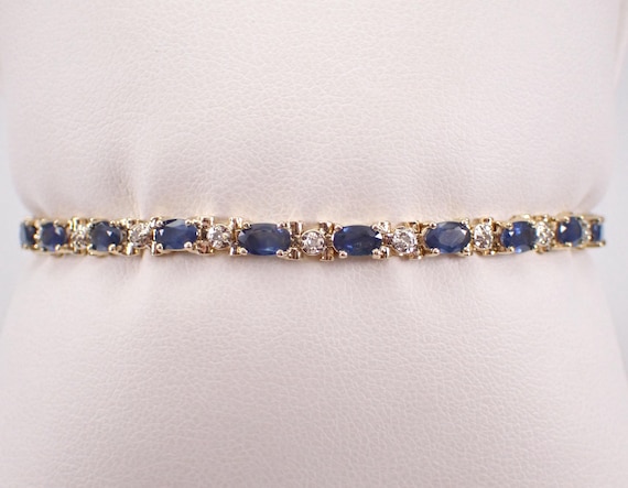 14K Yellow Gold Sapphire Tennis Bracelet - Estate Diamond Station Link - September Gemstone Fine Jewelry Gift