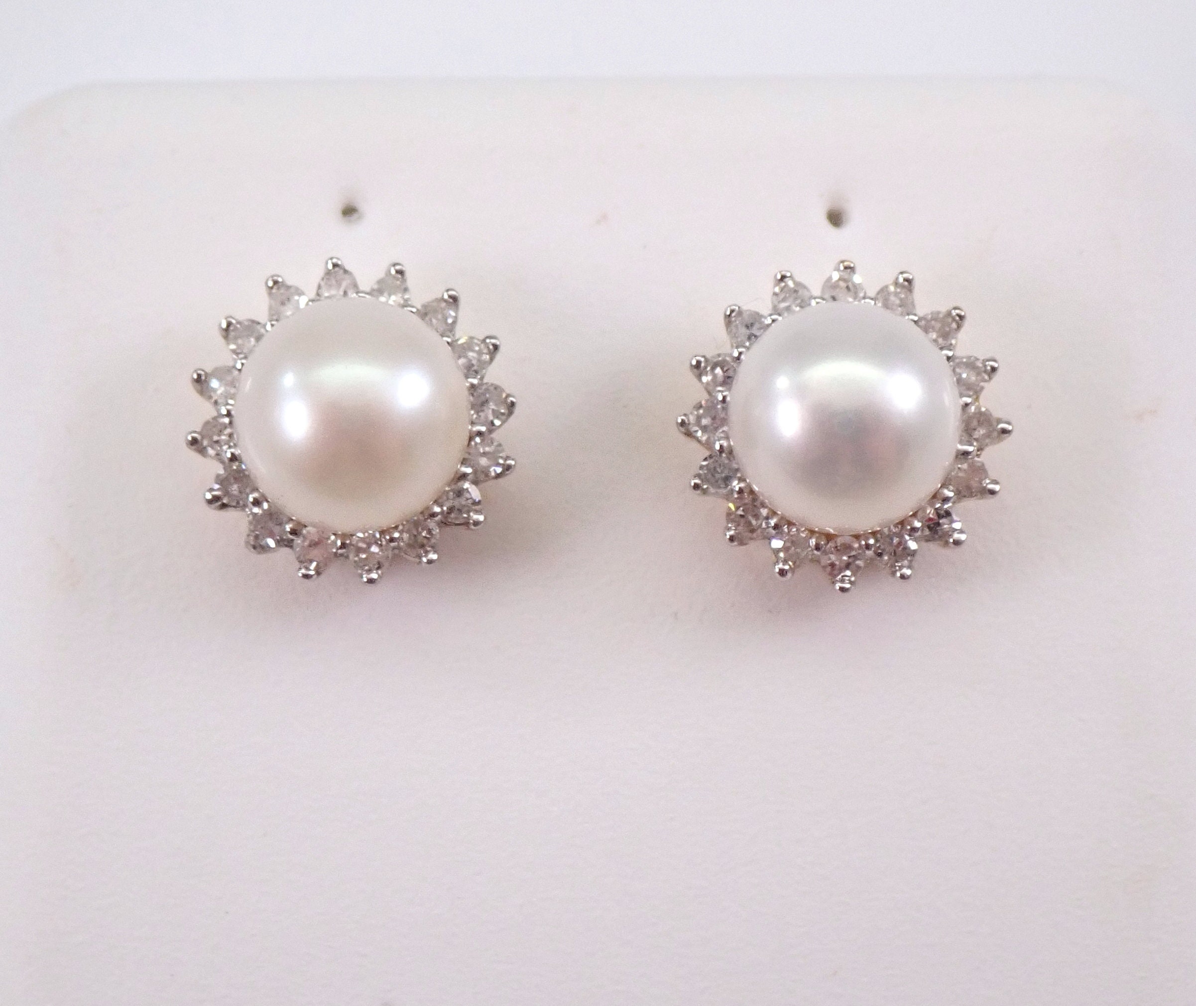 Pearl and Diamond Halo Stud Earrings Yellow Gold June Birthstone ...