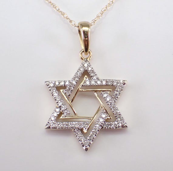 Diamond Star of David Necklace - Yellow Gold Jewish Pendant Charm and Chain - Genuine Religious Fine Jewelry Gifts