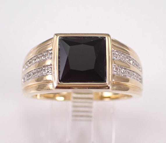 Mens Yellow Gold Onyx and Diamond Ring - Square Princess Cut Gemstone Setting - Bridal Anniversary Promise Jewelry Gift
