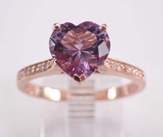 14K Rose Gold Heart Amethyst Engagement Ring: Dainty Diamond Bridal Setting