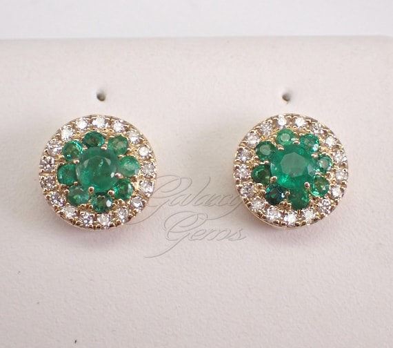 Emerald and Diamond Stud Earrings, 14K Yellow Gold Cluster Studs, May Birthstone Fine Jewelry Gift