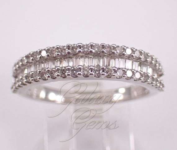 14K White Gold Baguette Diamond Wedding Ring: Stackable Multi Row Anniversary Band