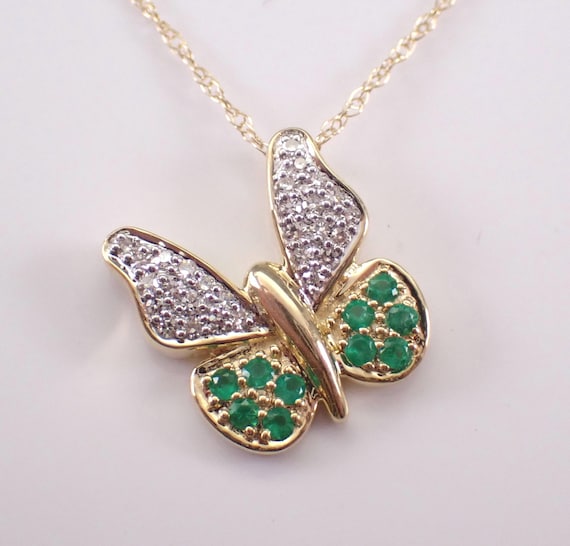 Yellow Gold Emerald and Diamond Butterfly Necklace: Dainty Charm Pendant and Choker Chain