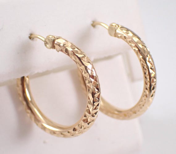 Vintage 14K Yellow Gold Hoop Earrings: Medium Textured Estate Huggies