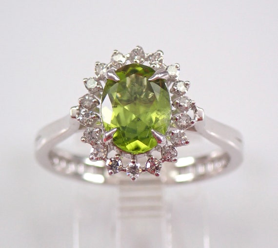 White Gold Peridot and Diamond Ring, Halo Engagement Setting, August Birthstone Gemstone Jewelry Gift