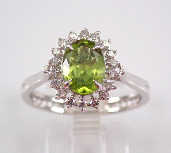 Genuine Peridot and Diamond Ring, Solid White Gold Halo Setting, August Birthstone Jewelry, Oval Green Gemstone Engagement Ring