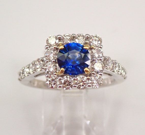 Ceylon Sapphire Engagement Ring, Square Diamond Halo Setting,  14k White Gold Bridal Jewelry Gift, September Birthstone Promise