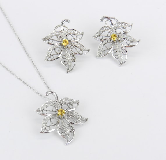 14KT White Gold Custom Made Filigree Earrings and Necklace Set, Diamond and Yellow Sapphire Accent Pendant Choker, Autumn Leaf Detail