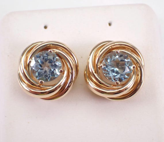 Vintage 14K Yellow Gold Blue Topaz Earrings, Unique Love Knot Spiral Twist Studs - Estate GalaxyGems Fine Jewelry