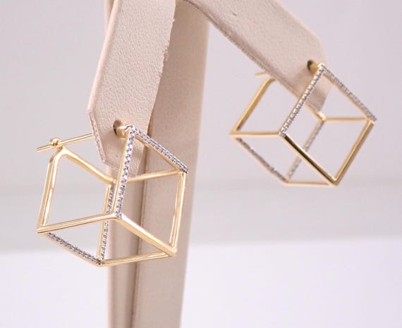 14K Yellow Gold SQUARE Diamond Hoop Earrings: Unique Open Cube Hoops