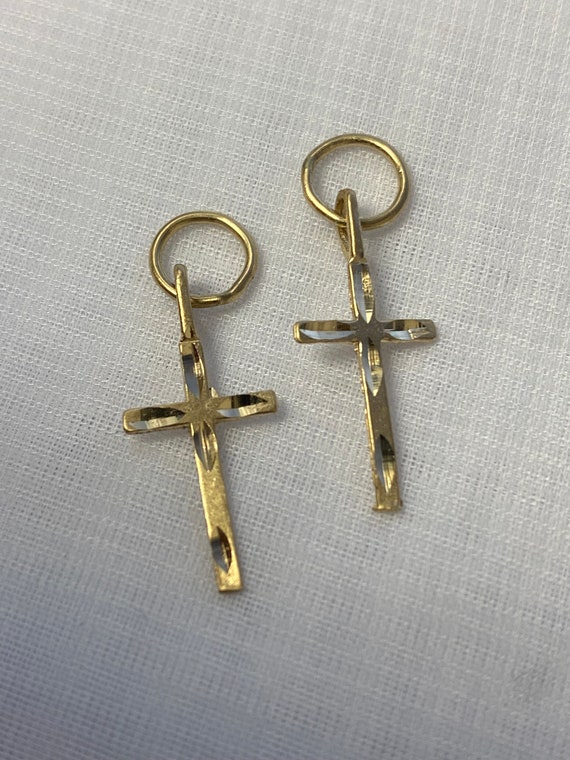 14K Yellow Gold Cross Earring Charms - Vintage Estate Dangles for Hoops - Unique Religious Jewelry Gift