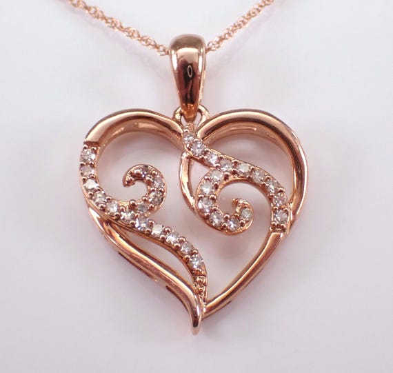 Diamond Heart Pendant and Chain - Solid Rose Gold Decorative Heart Necklace - Unique Dainty Choker Charm