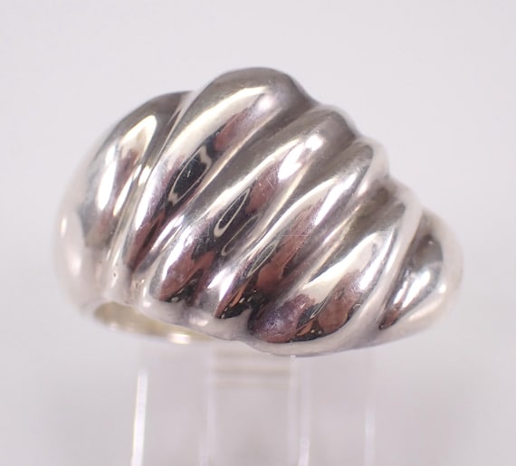 Vintage Sterling Silver Ribbed Dome Band, Estate Stackable Decorative Anniversary Ring