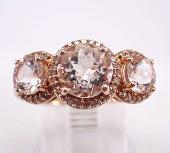 Rose Gold Pink Morganite Ring, Diamond Halo Engagement Setting, Gemstone Three Stone Fine Jewelry Gift