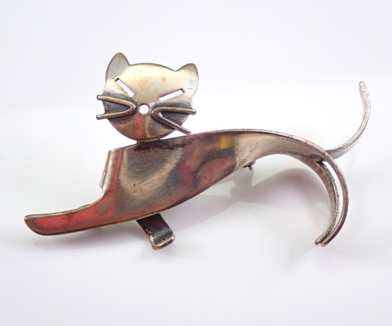 Antique Sterling Silver Cat Brooch - Vintage Kitten Pet Artisan Jewelry